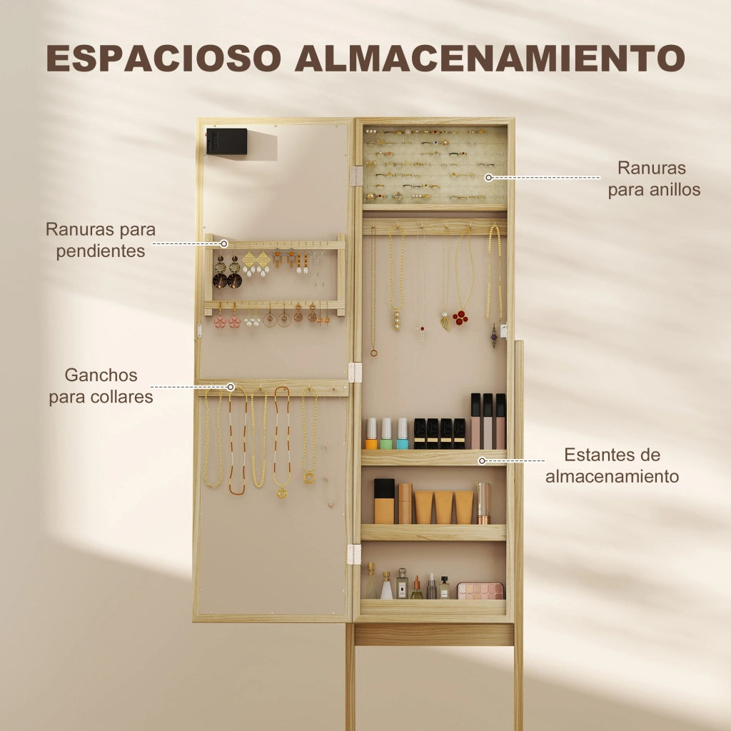 Armadio Joyero con Specchio e Luci LED ¨C zephmum ¨C Legno Naturale, Bianco, 90x51x