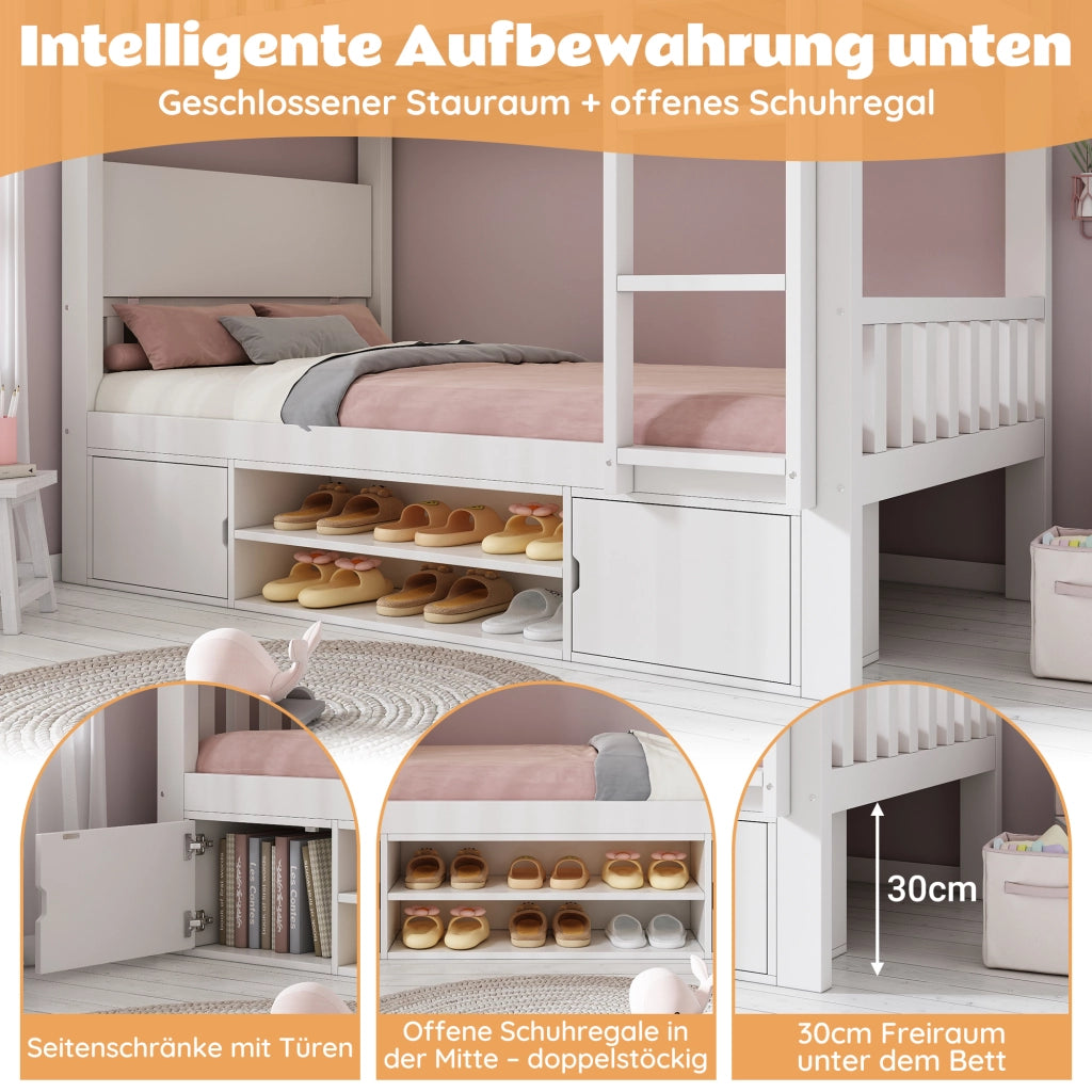 Letto a castello per bambini 90 × 200 cm con tavolo pieghevole, scarpiera e armadi, senza materasso
