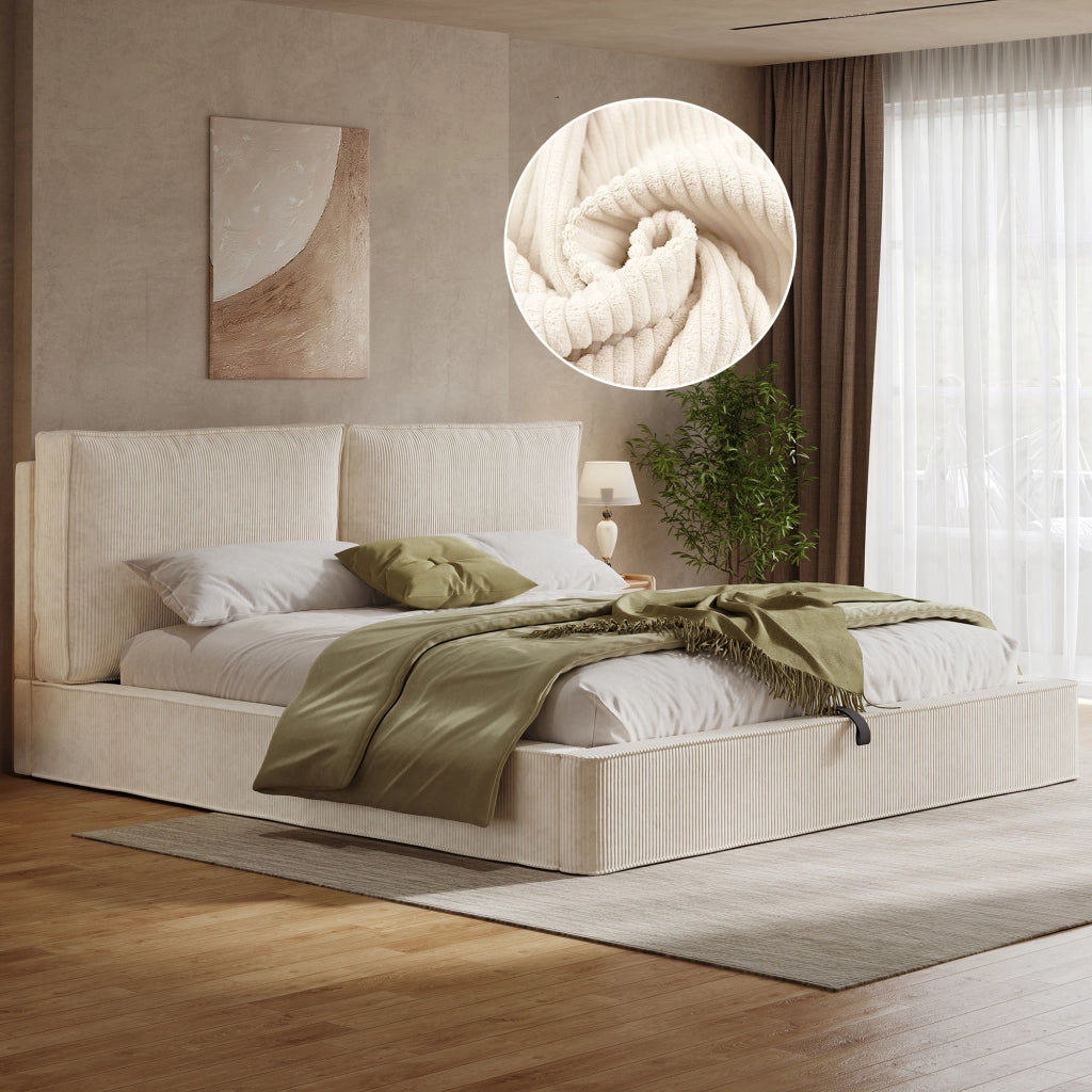 Letto contenitore matrimoniale 180 × 200 cm con sollevamento idraulico, senza materasso, in cord, beige