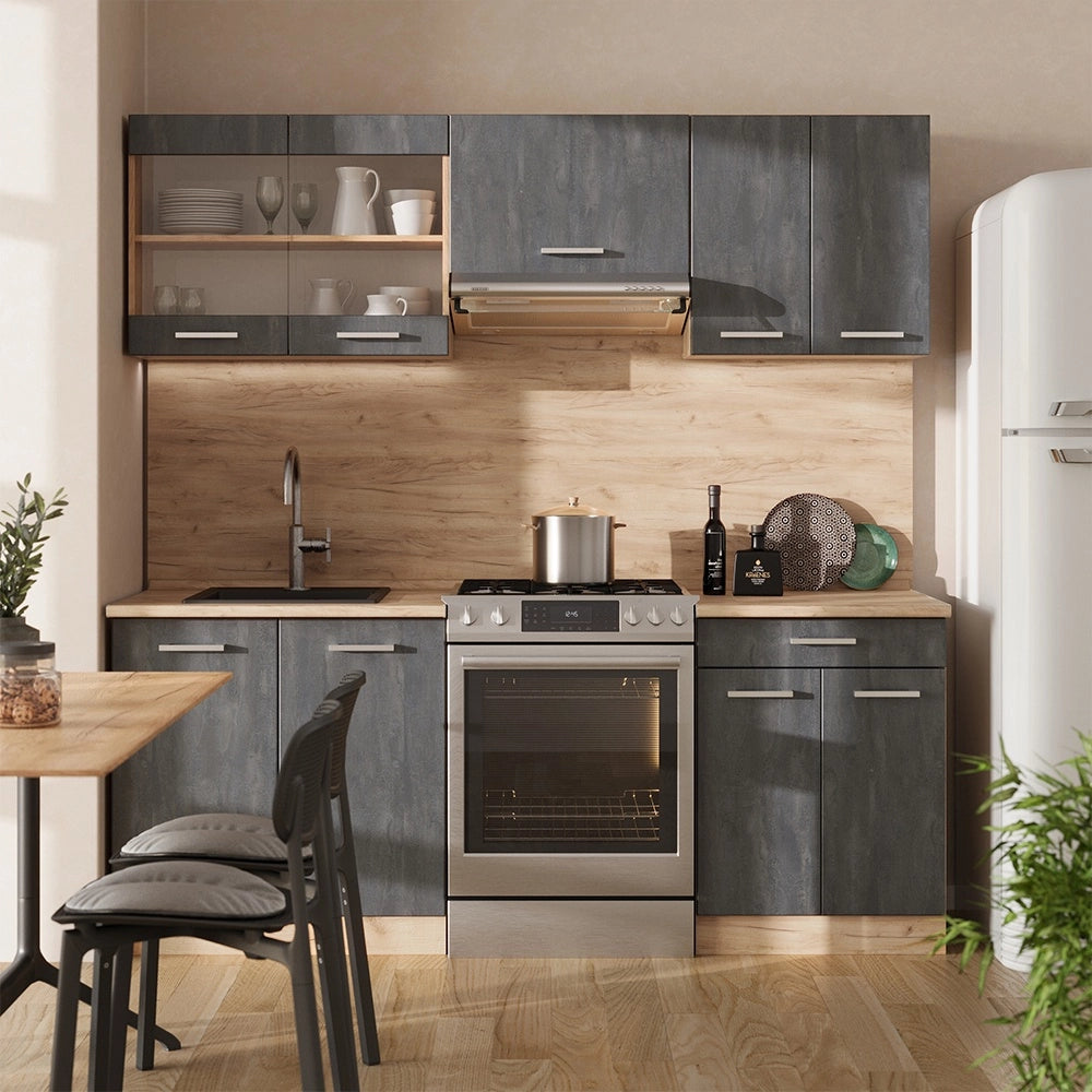 Mobile da cucina R-Line Calce nera/Rovere dorato 200 cm PL Rovere Vicco