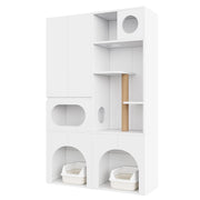 Mobile contenitore con 2 spazi per lettiera; tiragraffi e area relax per gatti e cani; in MDF; bianco; 140×45×195 cm