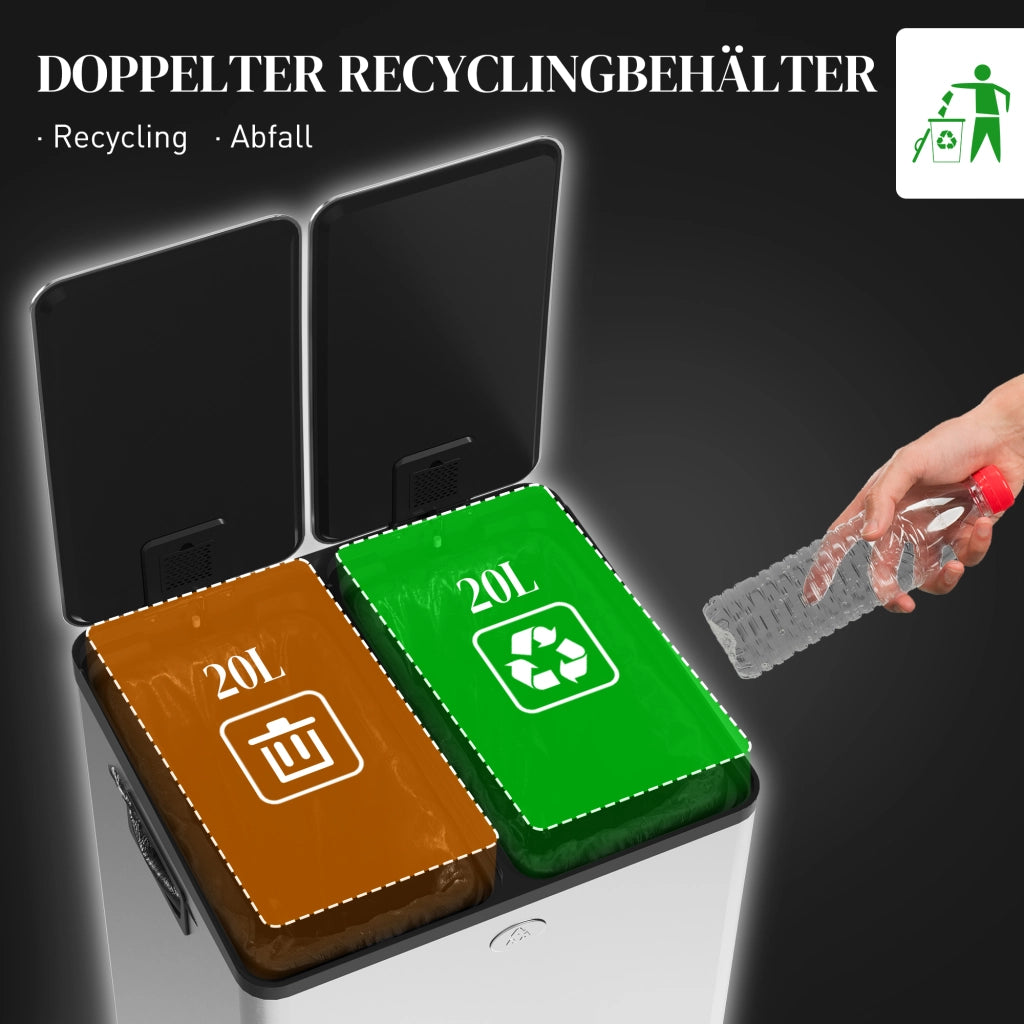 Doppio Cestino per la Raccolta Differenziata 2x20L ¨C zephmum ¨C Acciaio Inox e Plastica Argento