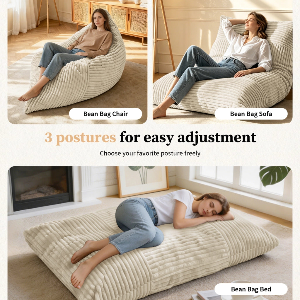 Pouf convertibile 3 in 1 con funzione sedia divano e letto senza montaggio in velluto a coste morbido bianco