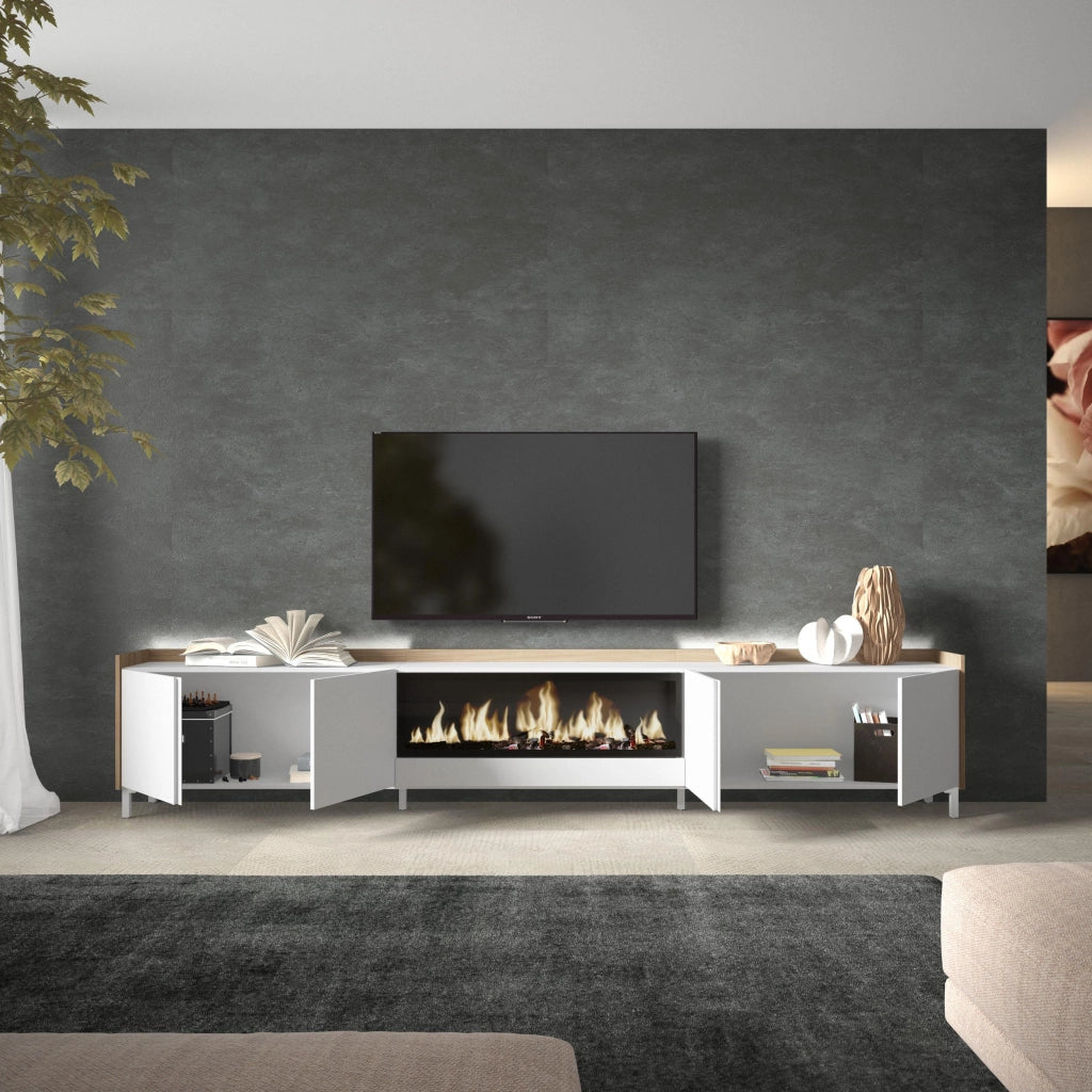 Mobile TV Soggiorno, 315x61x35 cm, Per TV fino a 80", Camino elettrico XXL, Design industriale, LED, Bianco e Rovere soft