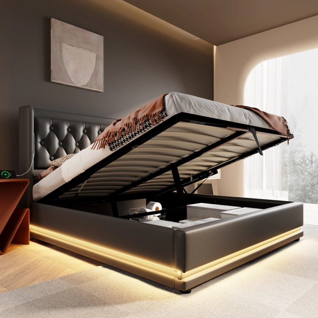 Letti contenitori 160x200 cm; testiera con USB e LED; PU nero (Senza materasso)