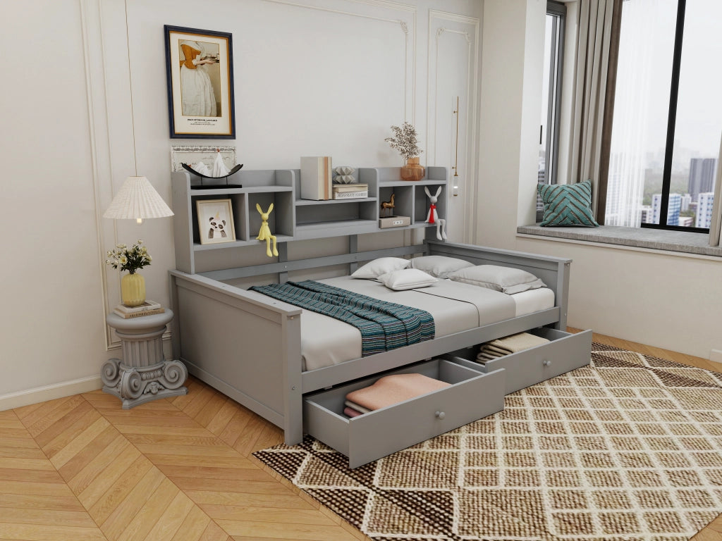 DESMIU Letto bambino 90 × 200 cm con 2 cassetti, ripiani, senza materasso, in legno, grigio