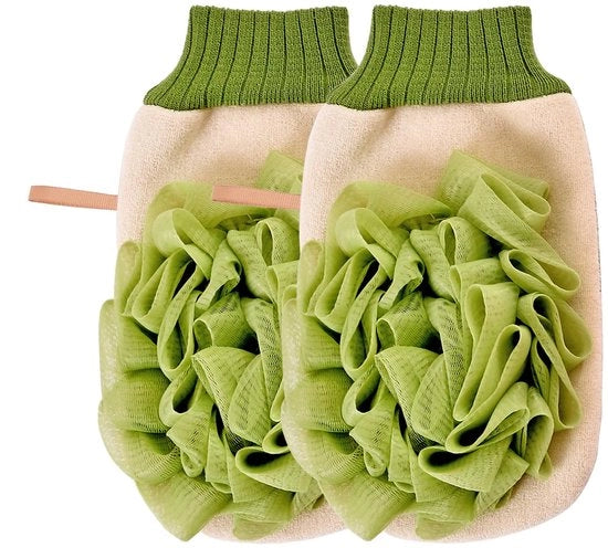 Set di guanti esfolianti per il bagno, guanti per il corpo e la doccia 2 in 1, guanti scrub con sfera da doccia (verde)