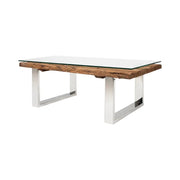 Tavolino basso RAFTA 110 cm in teak riciclato e vetro temperato – Design industriale con gambe a U