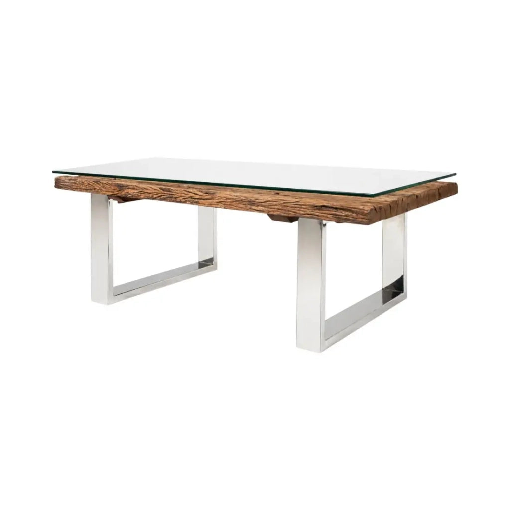 Tavolino basso RAFTA 110 cm in teak riciclato e vetro temperato – Design industriale con gambe a U