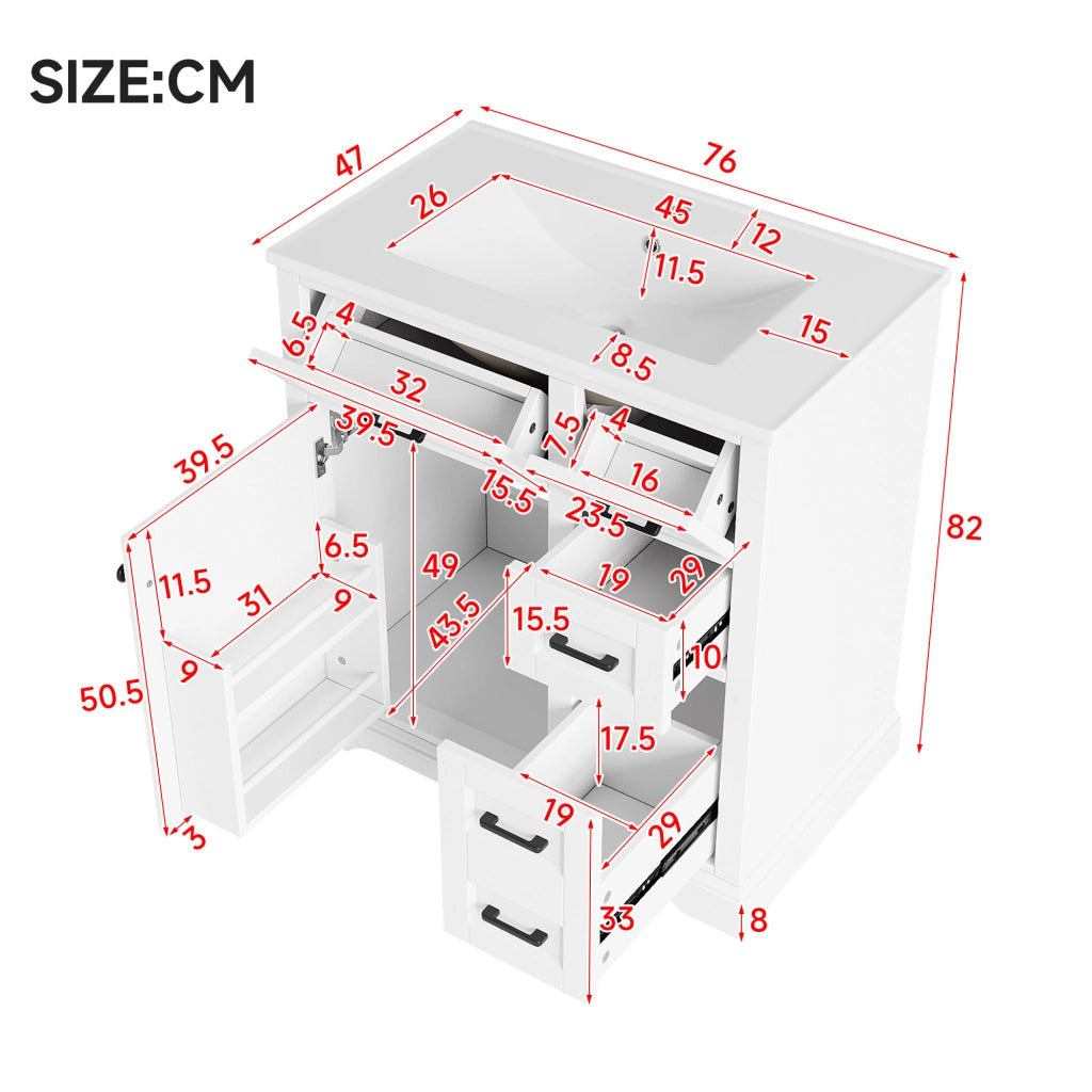 Mobile sottolavabo con 1 anta, 4 cassetti e lavabo in ceramica, per bagno, in MDF e ceramica, bianco, 76 × 47 × 82 cm