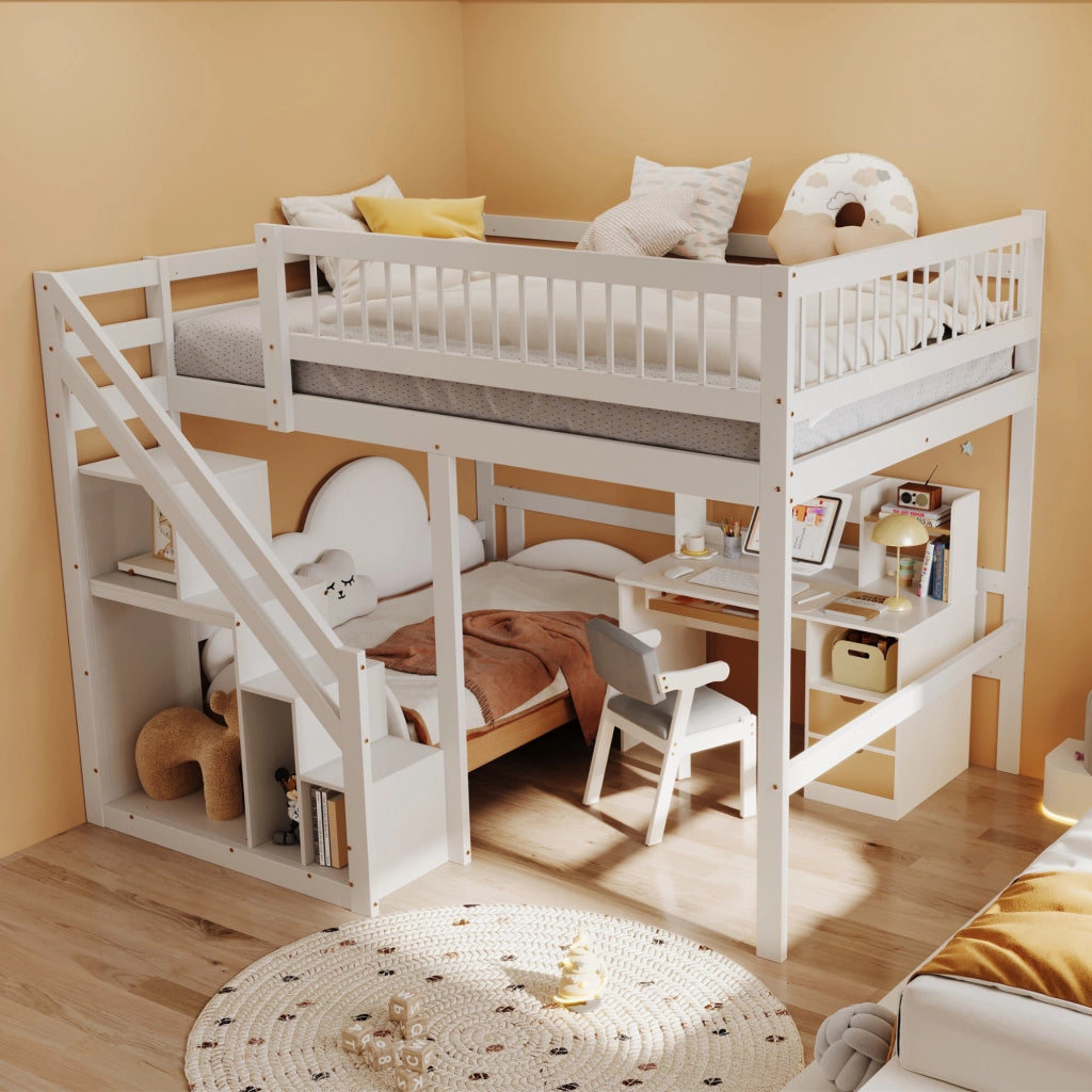 Letto a Soppalco Matrimoniale con Scala Contenitore e Sponda Alta; 140×200 cm; senza Materasso; Bianco