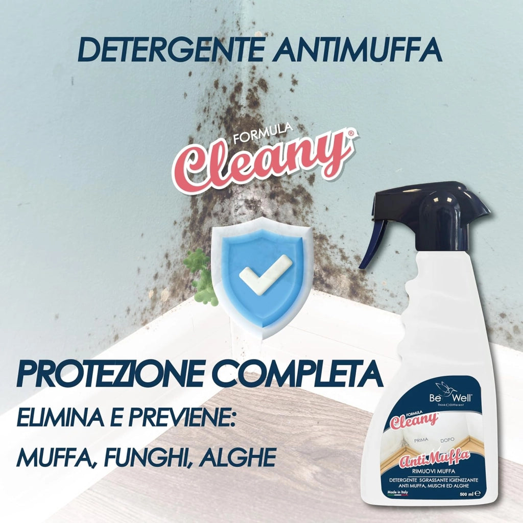 CLEANY Rimuovi Muffa - Antimuffa per Muri Interni ed Esterni ad Azione Rapida, Spray Antimuffa Igienizzante Pronto all'Uso, Ideale per Rimuovere Muffe, Muschi e Funghi