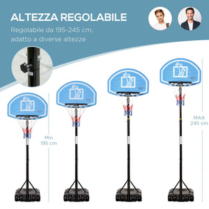 Canestro da Basket Altezza Regolabile 195-245 cm in Acciaio e HDPE Blu