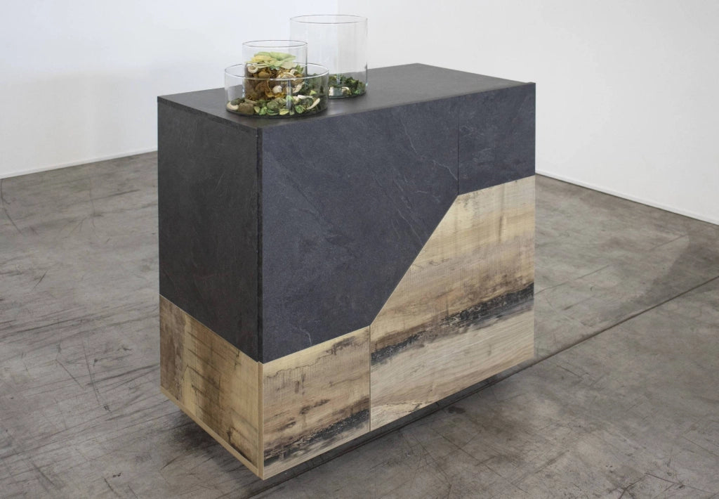Credenza moderna a 2 ante Arbal, Made in Italy, Madia da ingresso, Buffet di design da soggiorno, Cm 100x43h106, Ardesia e Acero