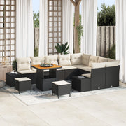 Set di Divani da Giardino  con Cuscini Neri in Polyrattan e Acacia