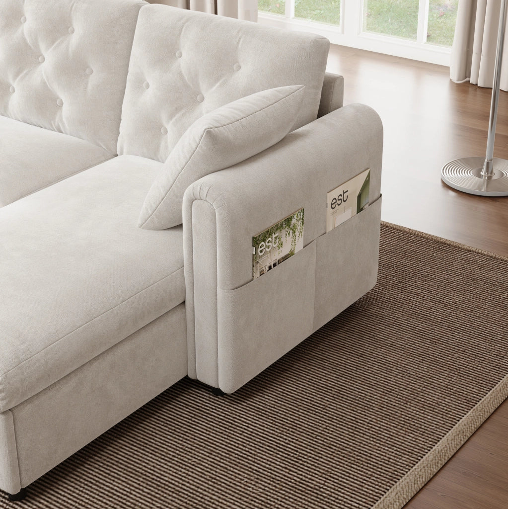 Divano angolare 281x132x86 cm con funzione letto e vano contenitore in velluto beige
