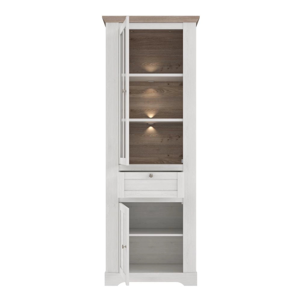 Vetrina Forma 2 Ante con Cassetto e Luci LED Rovere Bianco Neve e Olmo Scuro – Compatta e Raffinata