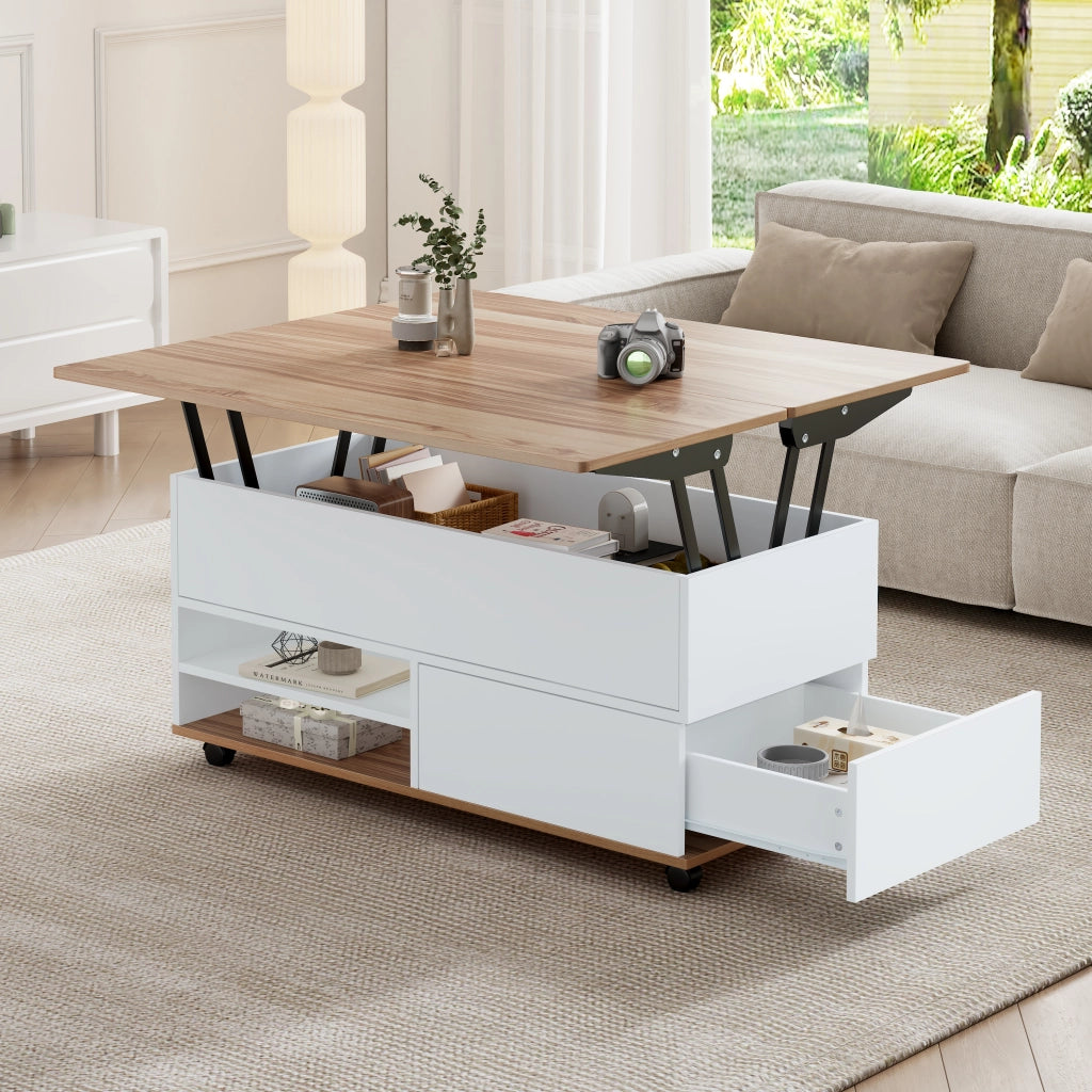 Tavolino da Salotto Sollevabile con 1 Cassetto; 1 Armadietto e 2 Ripiani; con Ruote; Stile Moderno; in Pannello Truciolare; Bianco e Legno; 100×98×65 cm