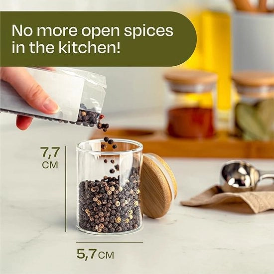 Set di 6 contenitori di 120 ml - con appoggio e etichette per etichettatura - Stivato a tenuta d'aria - Resistenti al lavaggio a vapore - Organizzazione della cucina - Contenitori per spezie - erbe e tè
