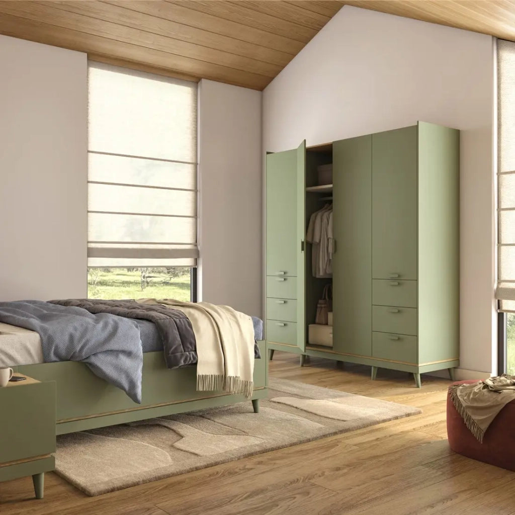 Armadio NOKI – 4 porte verde e legno – Stile scandinavo