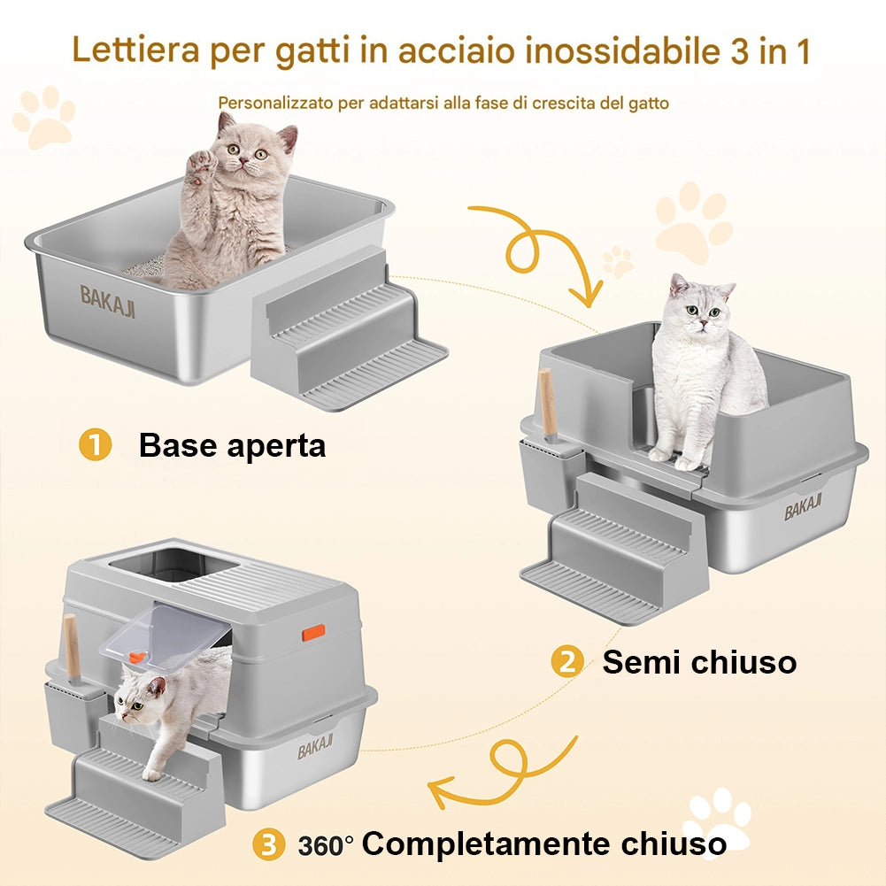 Lettiera per Gatti in Acciaio 35 Litri con Scaletta Anti Sabbiolina e Sportello
