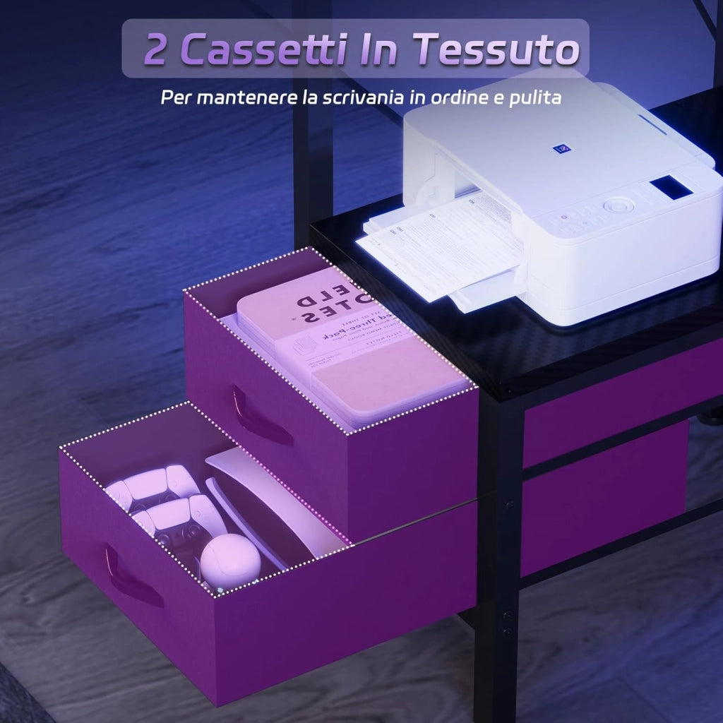 Scrivania Da Gaming Angolare Con LED E Prese, 120 cm, Arredamento Per Ufficio, Con Ganci E 2 Cassetti In Tessuto, Ideale Per il Telelavoro E I Videogiochi, Nera