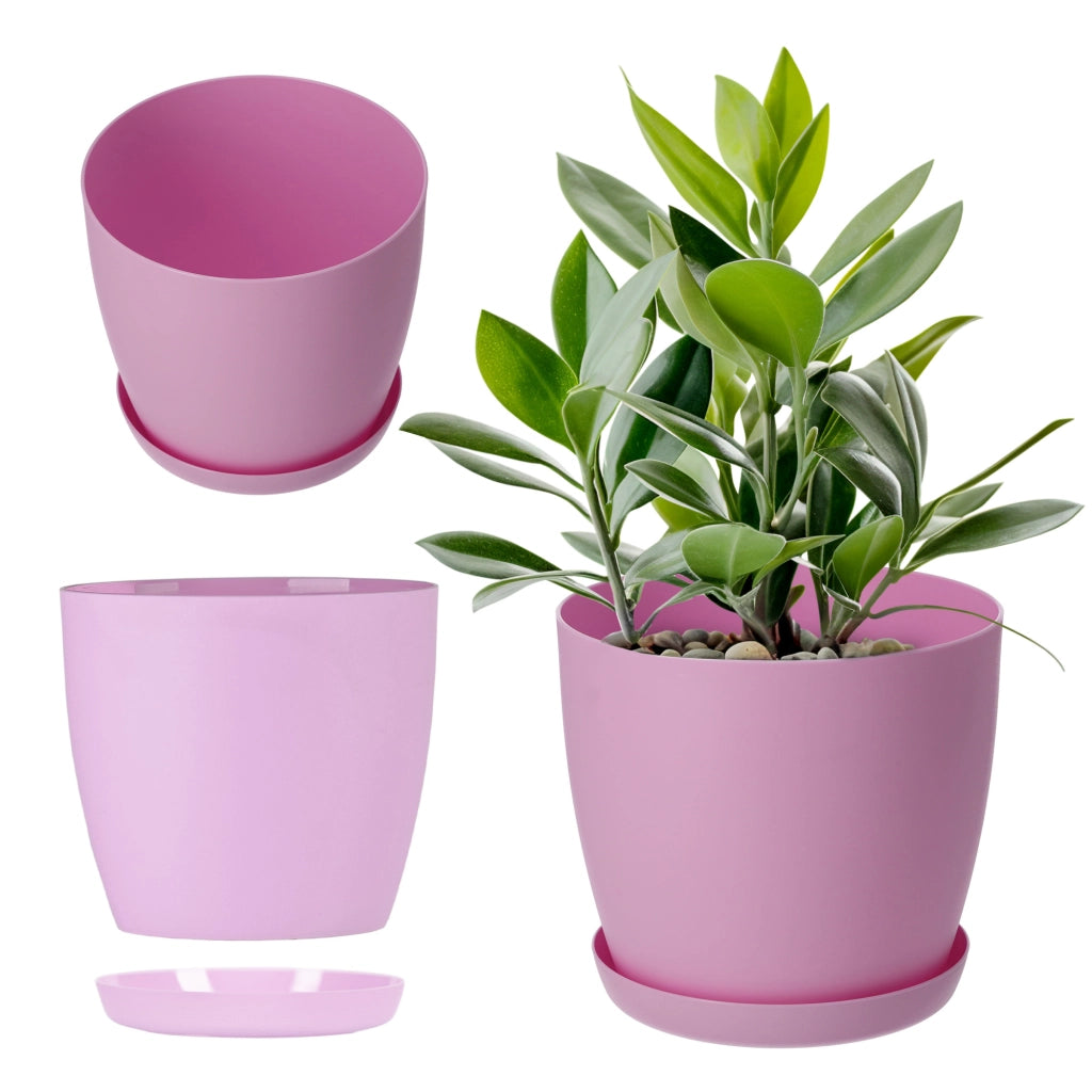 Vaso da fiori KADAX con sottovaso, vaso in plastica da 18 cm, coperchio, fiori, rosa opaco