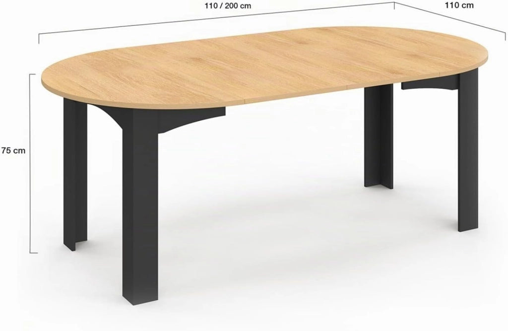 DONA Tavolo da pranzo rotondo allungabile per 4-10 persone, nero, piano effetto faggio 110-200 cm