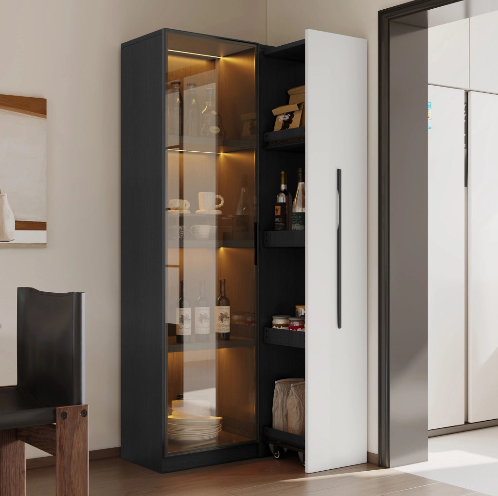 Vetrina multifunzione 70x40x160 cm in MDF nero e bianco， LED e ruote
