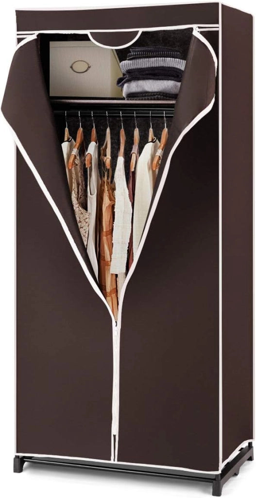 Armadio in Tessuto con Struttura in Metallo, Guardaroba Pieghevole con Asta Appendiabiti e Copertura Antipolvere, Armadio Singola Salvaspazio da Campeggio, 74 x 50 x 172 cm (Marrone)