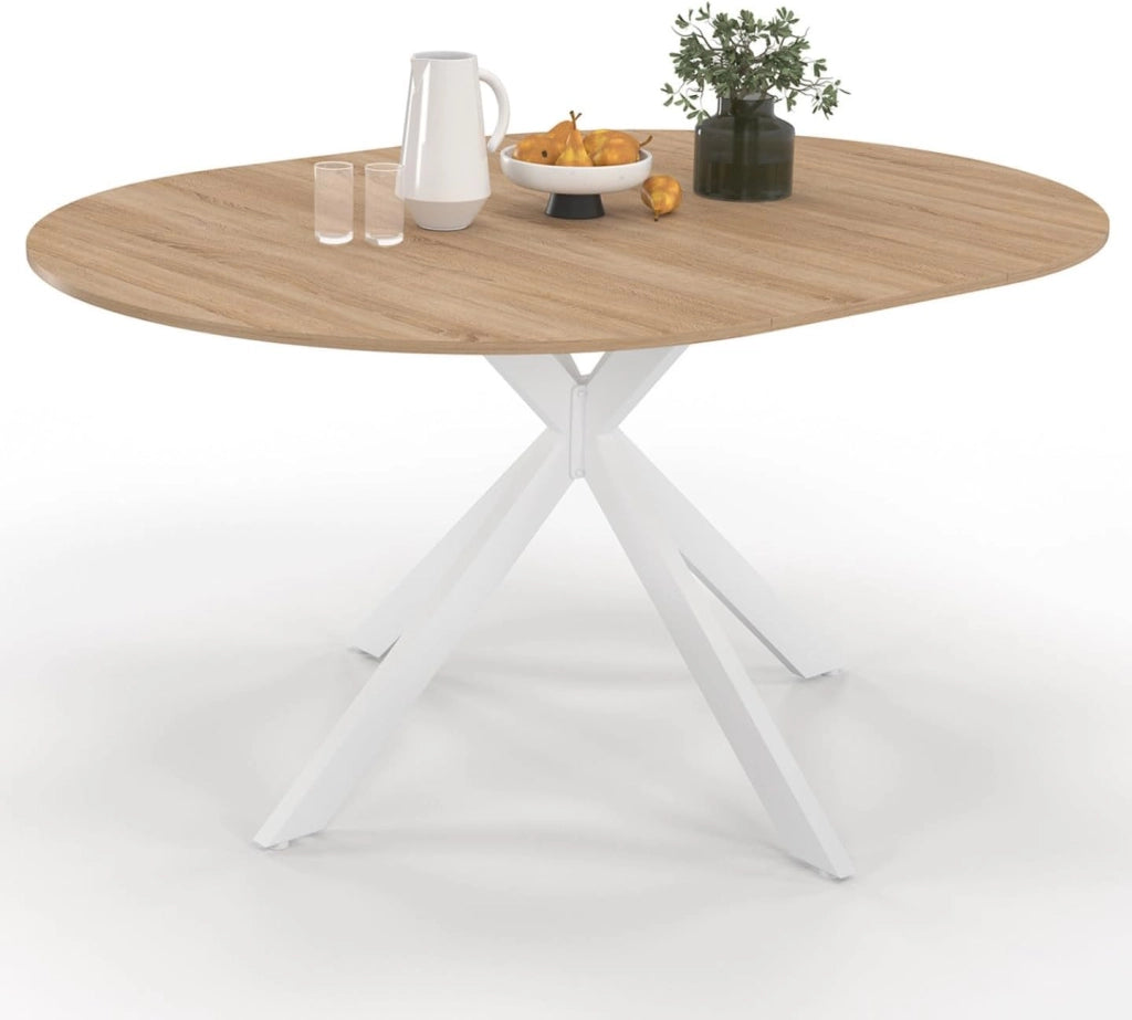 ALIX Tavolo da pranzo rotondo allungabile per 4-8 persone con gamba in legno e ragno bianco 110-150 cm