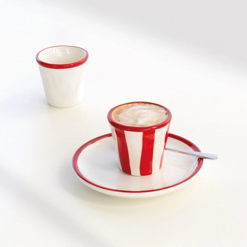 Zafferano Set 6 Bicchierini Collezione Lido modello Righe in Ceramica Artigianale fatta a mano a Civita Castellana colore Rosso per Caffè e Dessert
