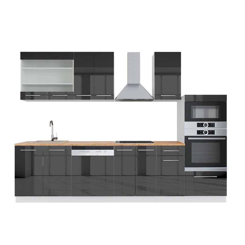 Cucina componibile Fame-Line Antracite lucido/Bianco 300 cm con armadio alto, PL Rovere Vicco