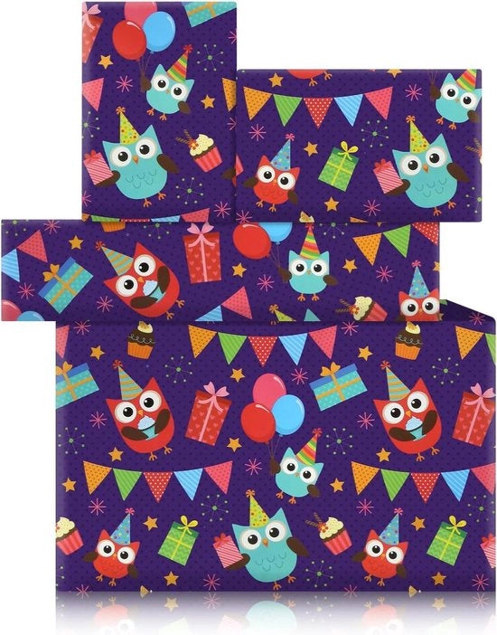 Carta da Regalo per Bambini 4 Fogli con Uccelli Cuccioli Festa di Compleanno con Bandierina di Regalo e Decorazione per Torta per Feste di Nascita, Natale, Ragazzi e Ragazze Dimensione 75x52cm