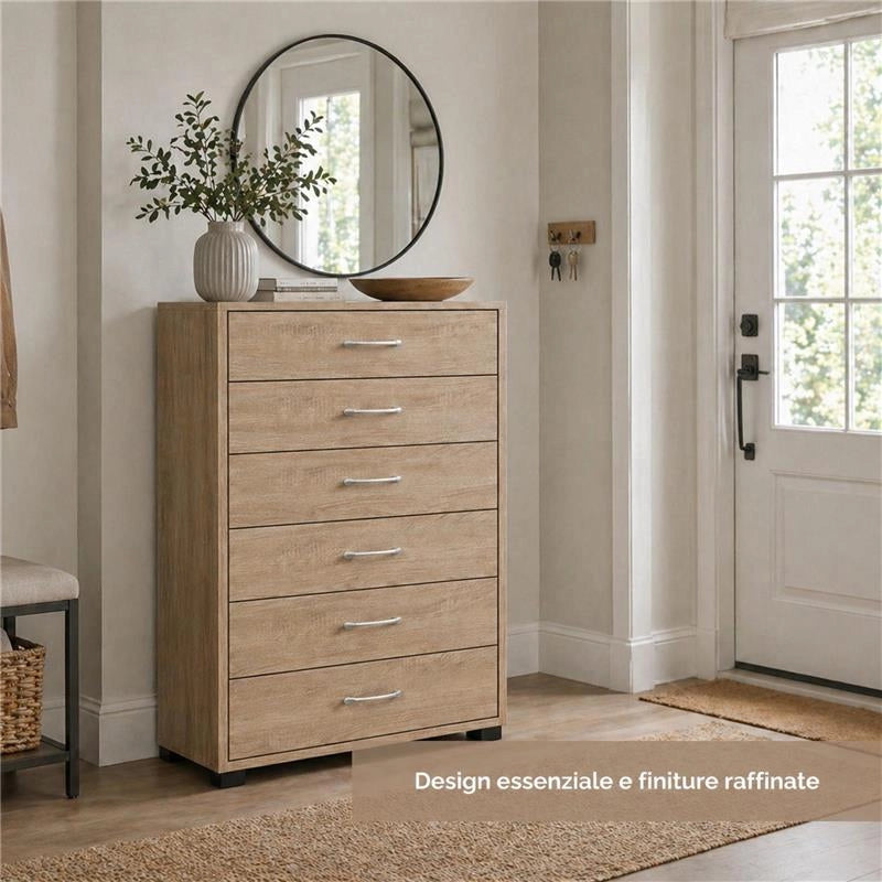 CASSETTIERA IN LEGNO CON SEI CASSETTI E PIANO D 'APPOGGIO COLORE ROVERE DIMENSIONI 68X40X120 CM