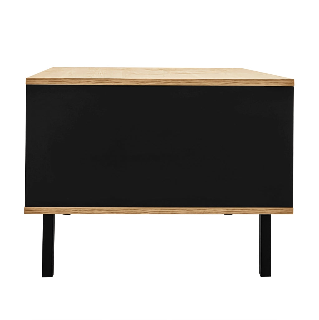 Tavolino da salotto 100x60x45 cm con 3 vani; vetro e pannello truciolare naturale e nero