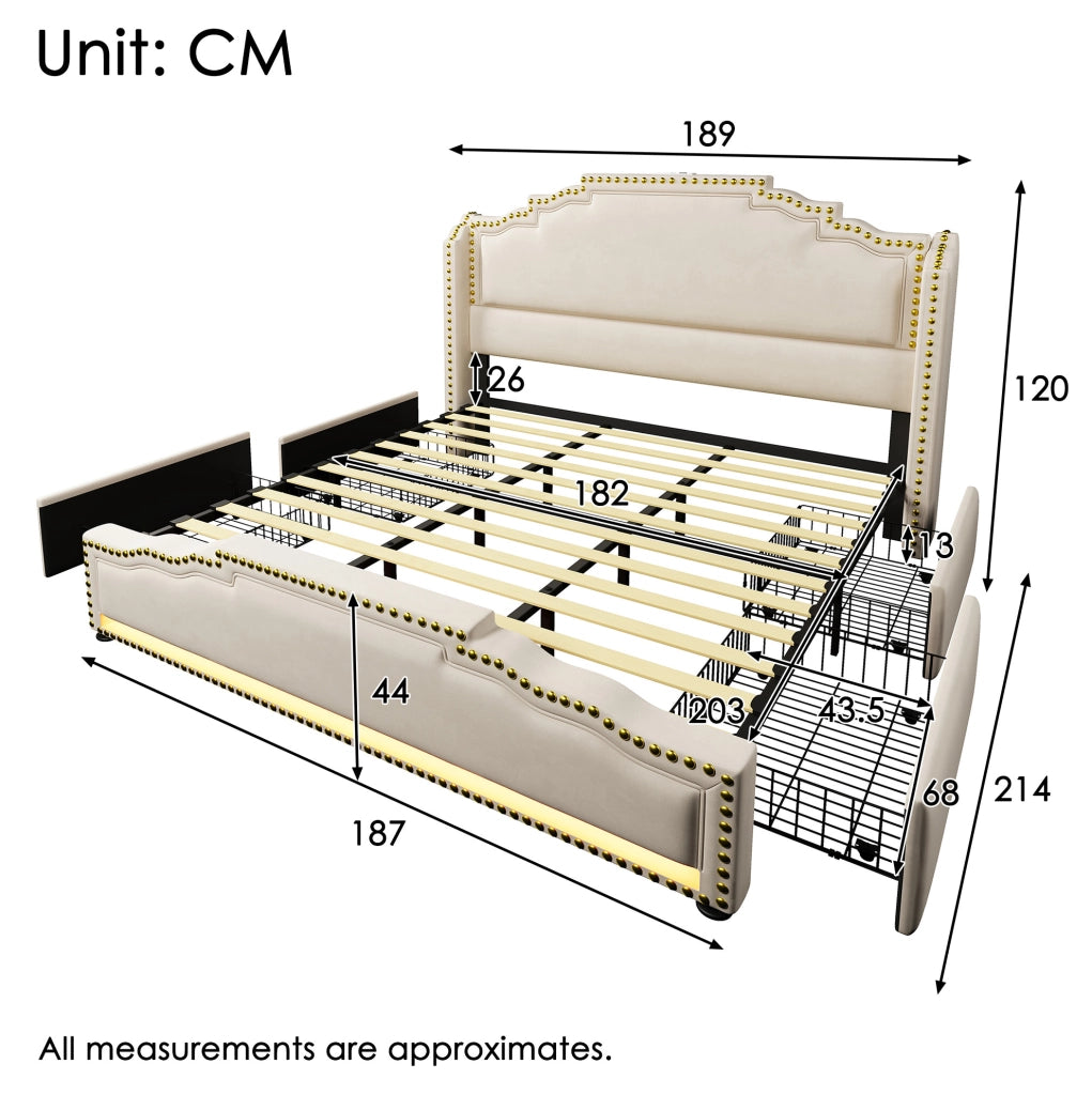 Letto matrimoniale 180x200 cm in velluto beige con LED; porte USB e 4 cassetti