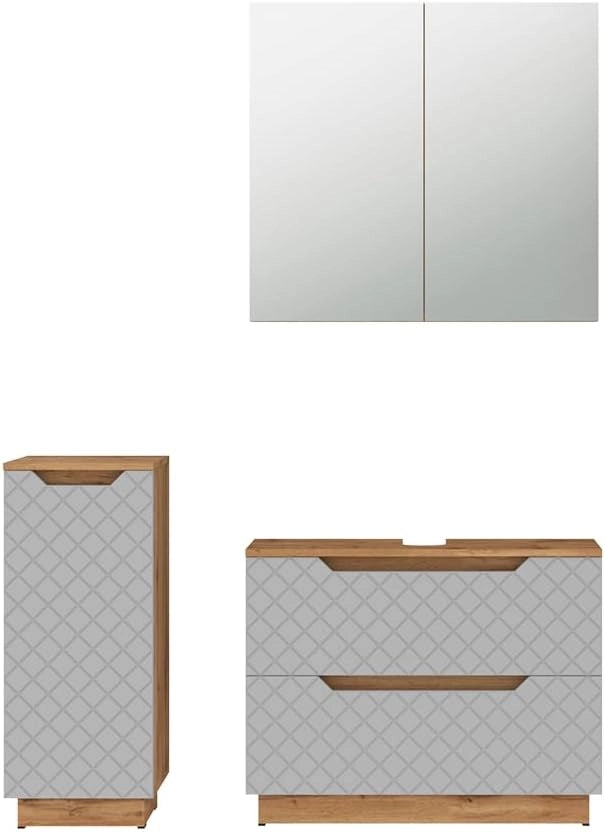 Set di mobili da bagno Lotta, Rovere/grigio con struttura in piastrelle, 3 parti