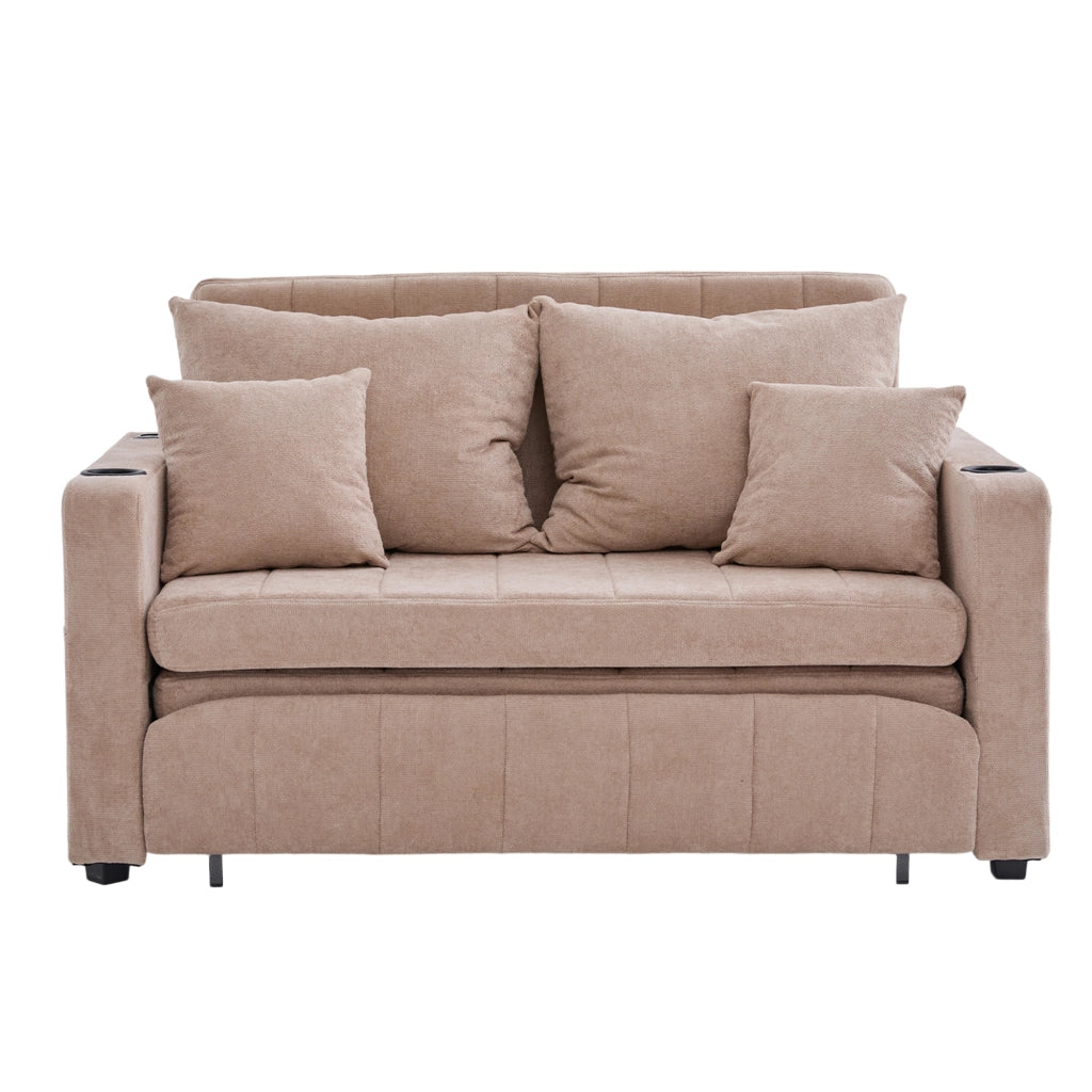 Divano letto convertibile in chenille khaki con tasca laterale e 4 cuscini per piccoli spazi