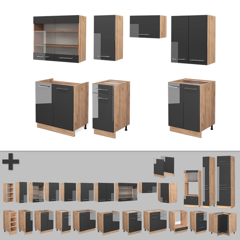 Vicco Cucina componibile Antracite lucido/oro power oak 240 cm senza piano di lavoro