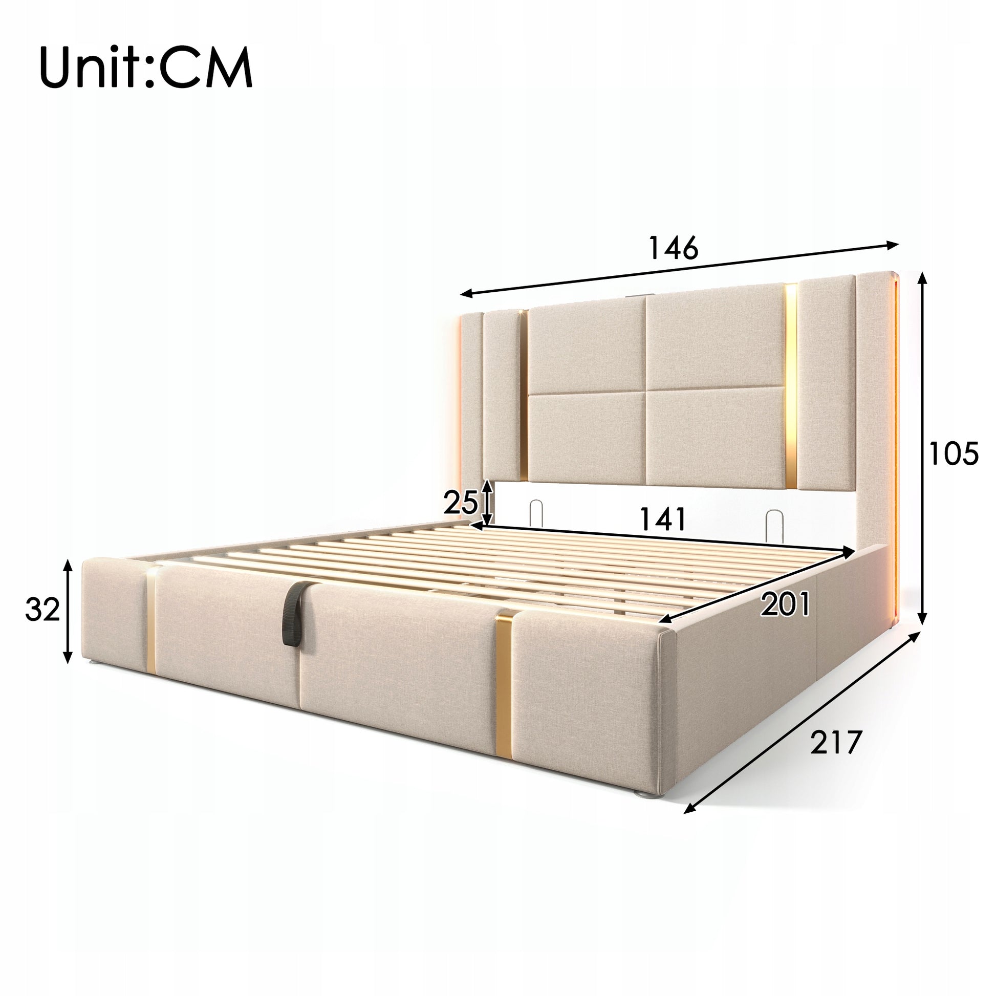 Letto matrimoniale 140x200 - Xylo - USB-C LED beige con materasso
