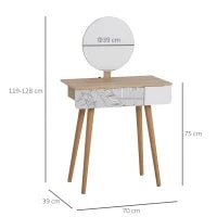 Toeletta Tavolo da Trucco con Specchio Circolare Ф39cm, Consolle Trucco con Cassetto con Decorazione Jungle, Bianco e Rovere, 70x39x119-128cm