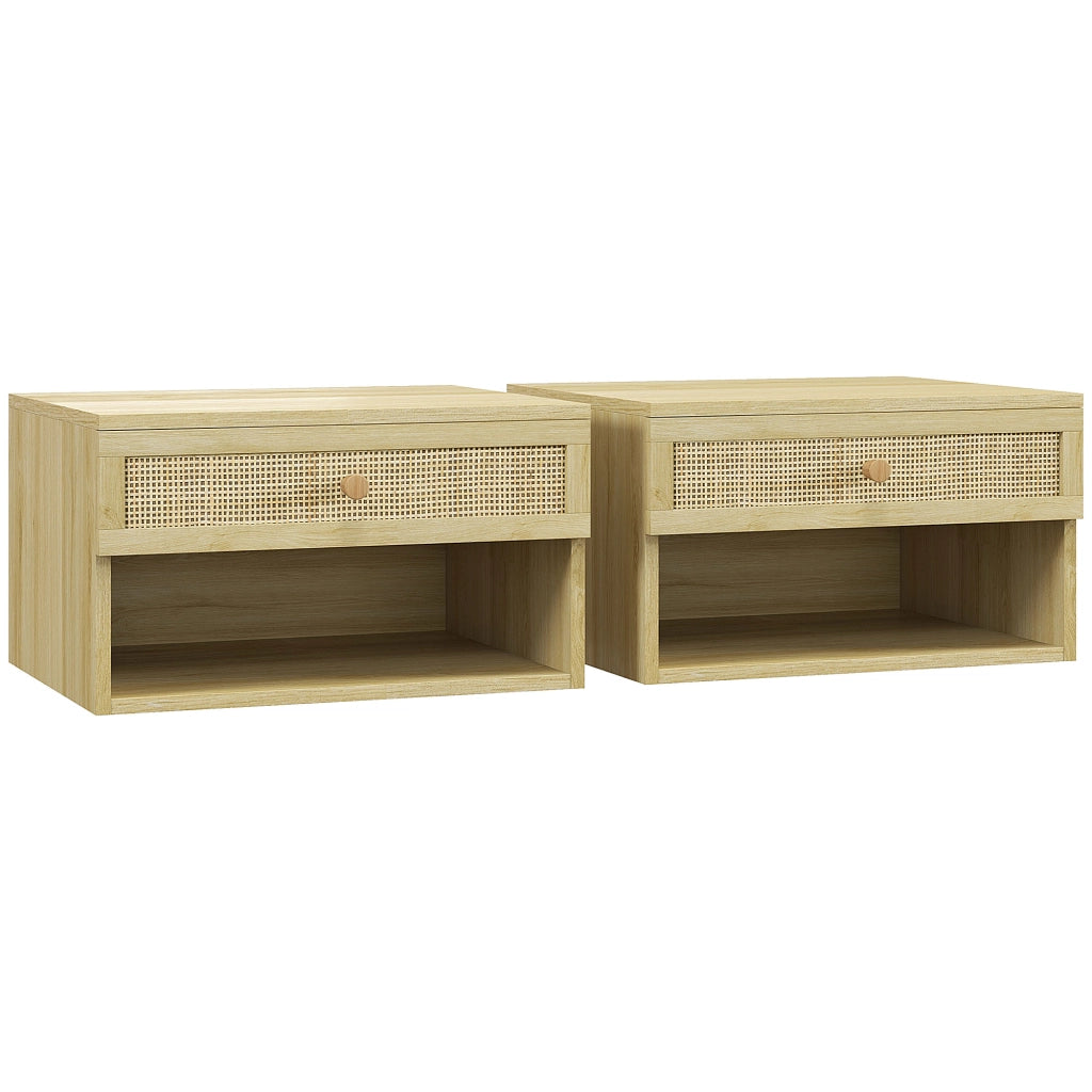 Set 2 Comodini con Cassetto e Ripiani Aperti in stile Boho, in Truciolato e Rattan, 40x34x23 cm