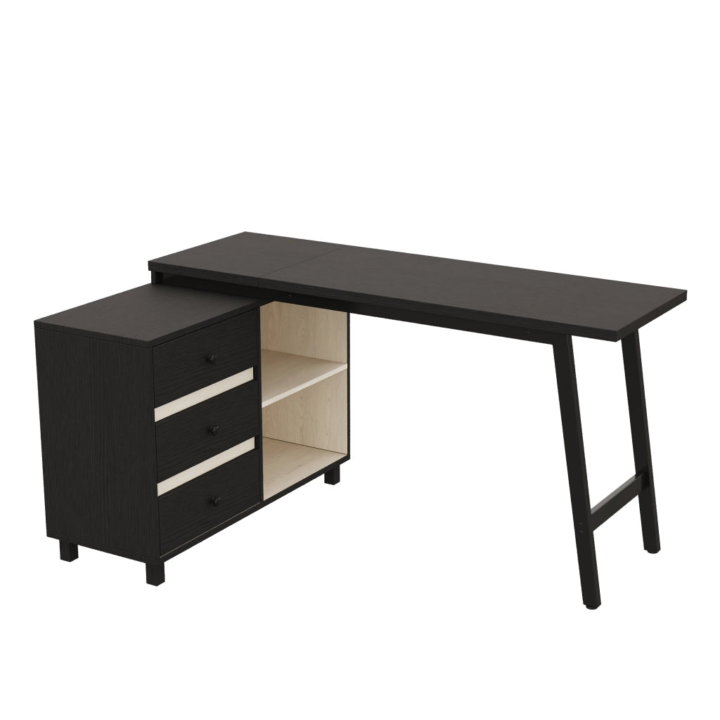 Scrivania a L 150 x 100 x 76 cm con 3 cassetti, 2 vani aperti, struttura in MDF e metallo, nero/bianco