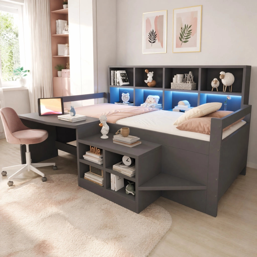 Letto multifunzione 90x200 cm con scrivania, LED e prese USB