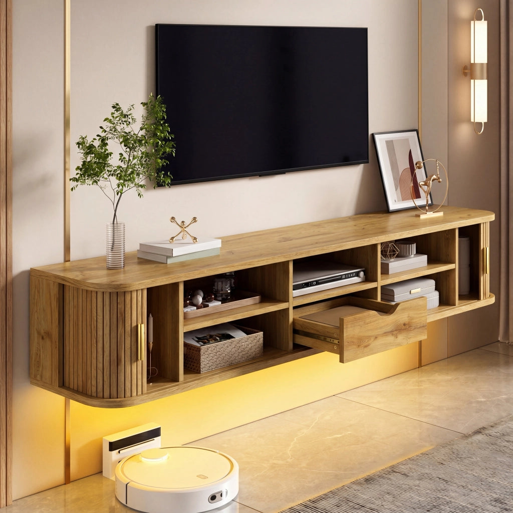Mobile TV da parete, finitura effetto legno, illuminazione a LED regolabile tramite app, materiale MDF, colore del legno grezzo