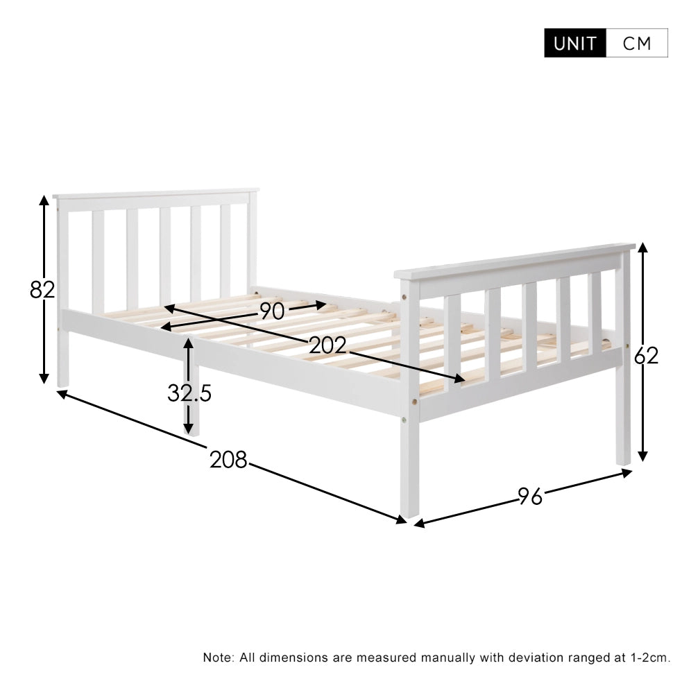 Letto singolo 90x200 cm in legno massiccio bianco con rete a doghe