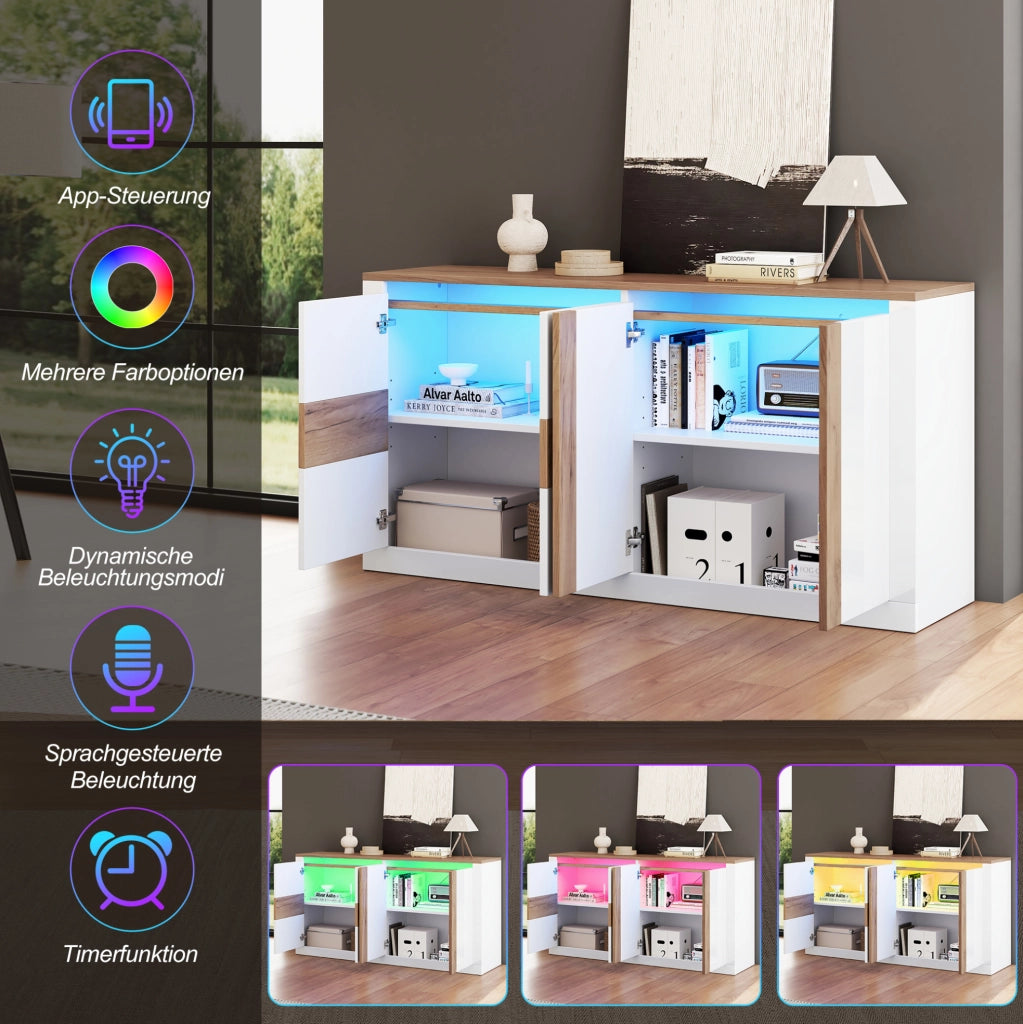 Credenza LED 140x35x70 cm in MDF bianco lucido e rovere naturale con 4 ante
