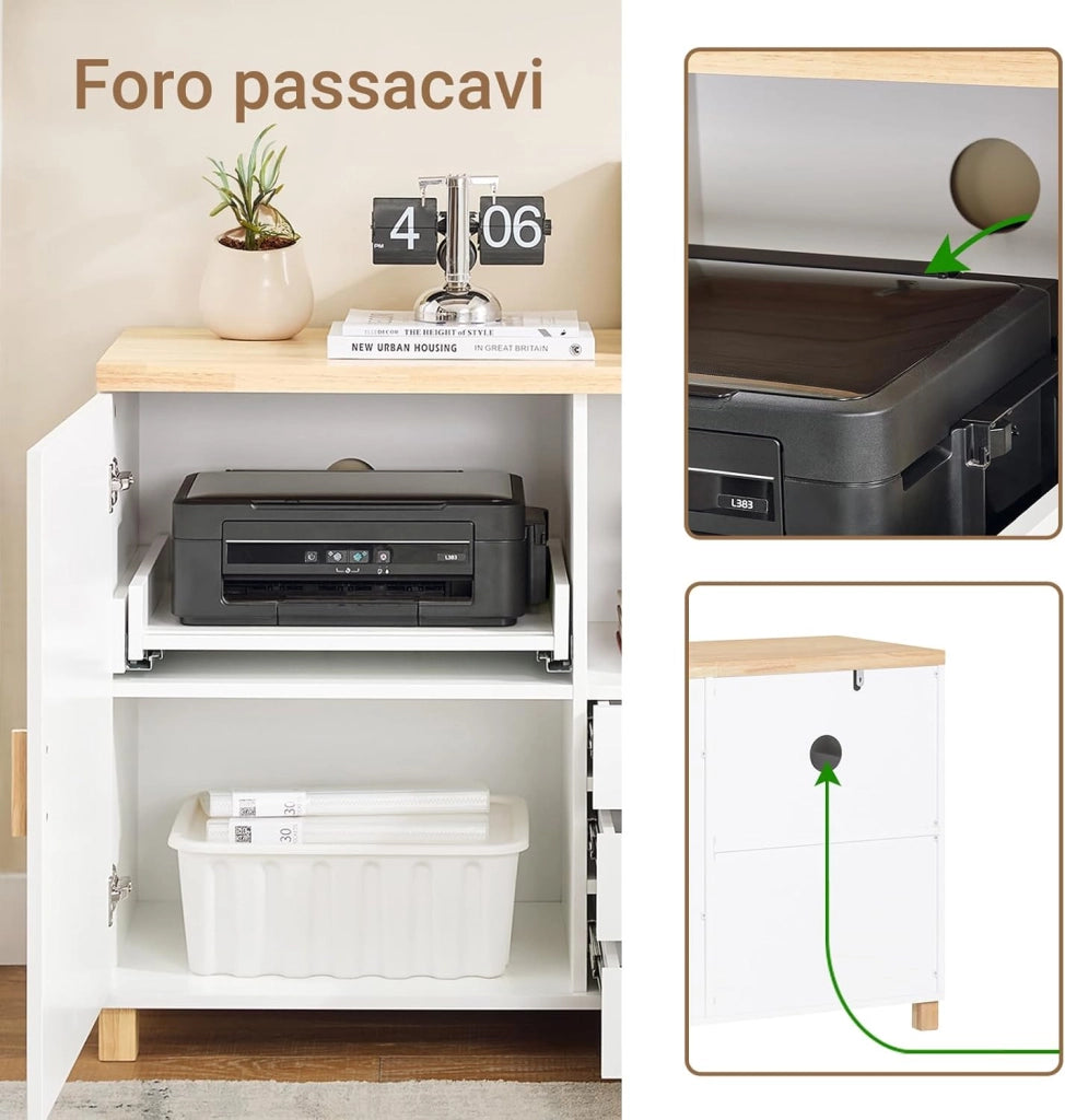 Cassettiera Ufficio Mobiletto Salvaspazio con 3 Cassetti e 1 Vano Aperto Supporto Stampante Schedario da Ufficio Cassettiera da Scrivania Bianco e Naturale 90x45x75cm ASK07-WN