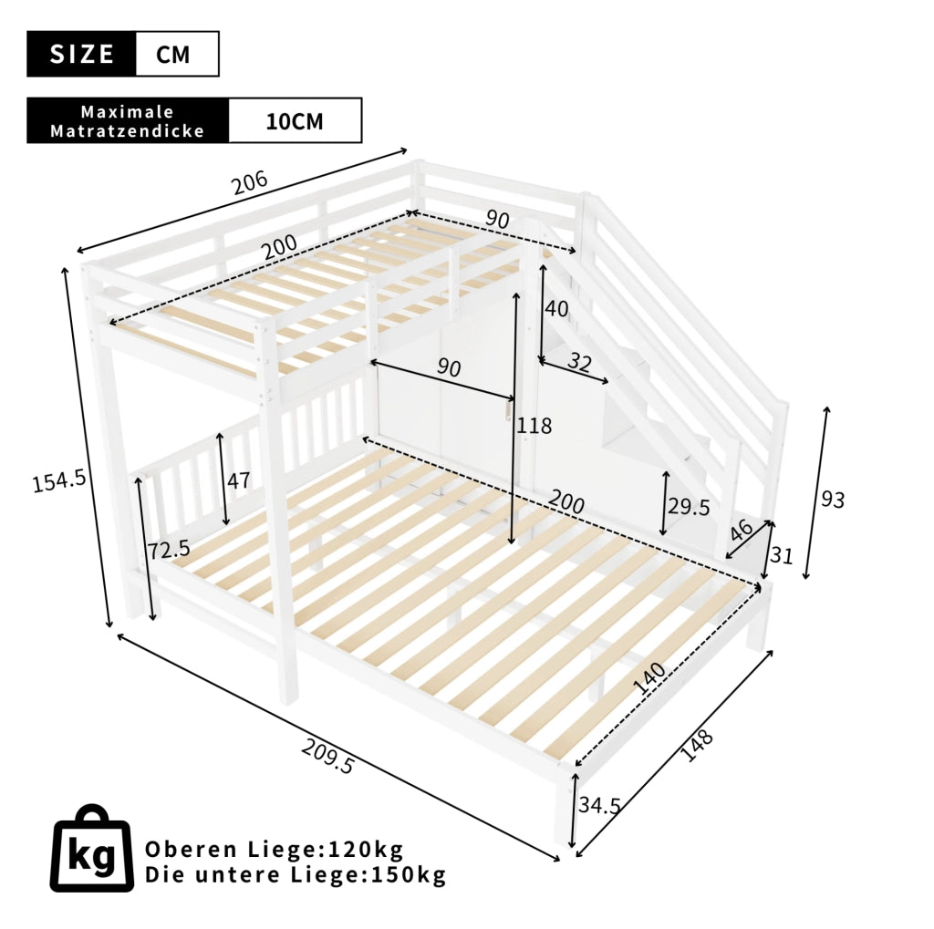 Letto a castello con armadio e scala contenitore; 90x200 cm + 140x200 cm; bianco